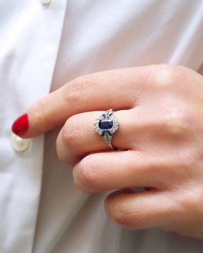 Anello Art Déco con zaffiro in platino e oro 18 carati, anello di fidanzamento, matrimonio, gioielli Art Déco