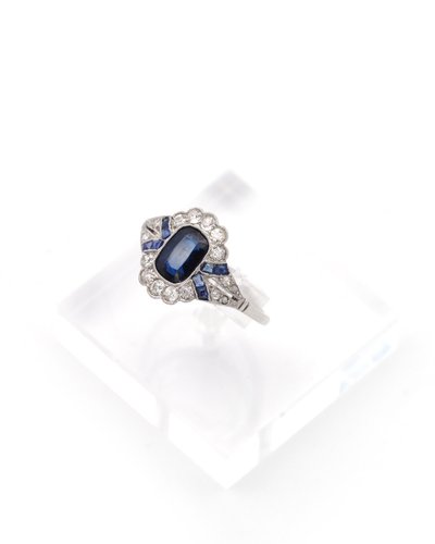 Anello Art Déco con zaffiro in platino e oro 18 carati, anello di fidanzamento, matrimonio, gioielli Art Déco