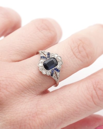 Anello Art Déco con zaffiro in platino e oro 18 carati, anello di fidanzamento, matrimonio, gioielli Art Déco