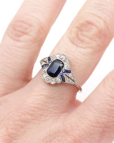 Anello Art Déco con zaffiro in platino e oro 18 carati, anello di fidanzamento, matrimonio, gioielli Art Déco