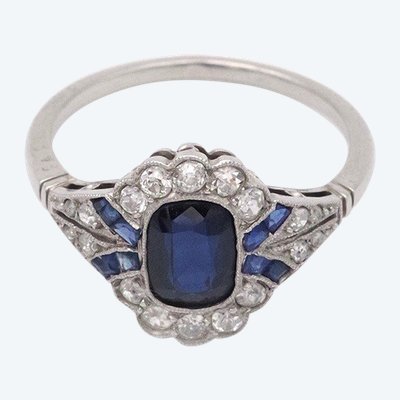 Anello Art Déco con zaffiro in platino e oro 18 carati, anello di fidanzamento, matrimonio, gioielli Art Déco
