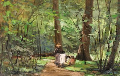 Joseph-Charles François 1851-1940 Waldlandschaft, Frau und Kinder, Impressionismus Belgien