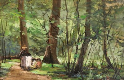 Joseph-Charles François 1851-1940 Waldlandschaft, Frau und Kinder, Impressionismus Belgien