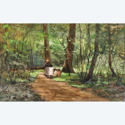 Joseph-Charles François 1851-1940 Waldlandschaft, Frau und Kinder, Impressionismus Belgien