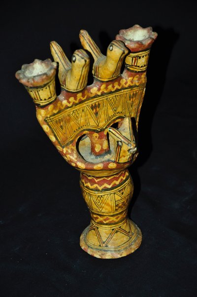 Late 19th-century Kabyle pottery candlestick with polychrome geometric decoration