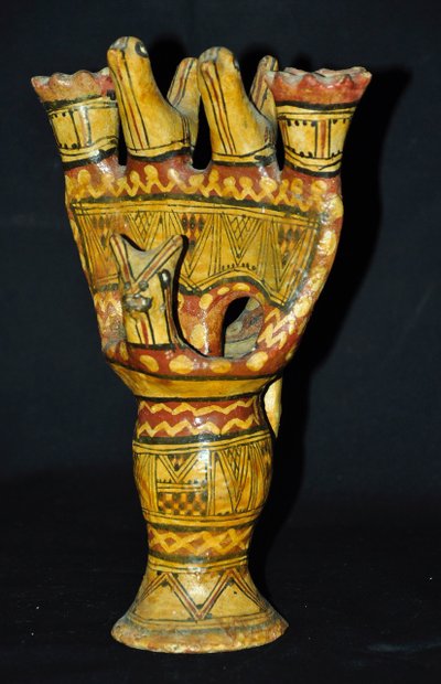 Late 19th-century Kabyle pottery candlestick with polychrome geometric decoration