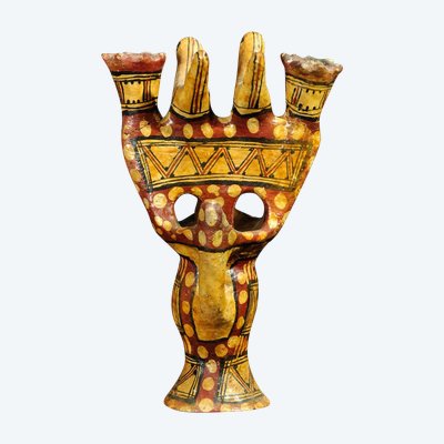 Late 19th-century Kabyle pottery candlestick with polychrome geometric decoration