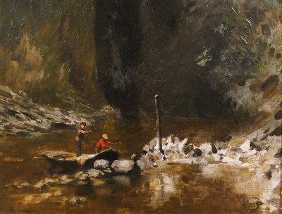 François SCHOMMER 1850-1935 Flusslandschaft mit Fischern, Gemälde, Barbizon, um 1900-10