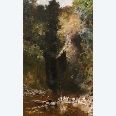François SCHOMMER 1850-1935 Flusslandschaft mit Fischern, Gemälde, Barbizon, um 1900-10