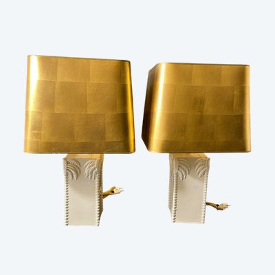 Pair Of Italian Ceramic Lamps With Palm Tree Decoration Circa 1960/1970