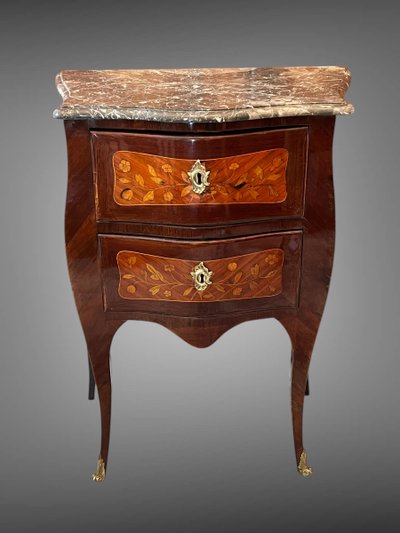 COMMODE DEL XVIII SECOLO DI STILE LOUIS XV IN MARQUETRY DI FIORI CON TOPI IN MARMO