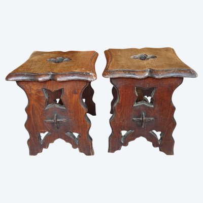 Pair of antique carved wood stools