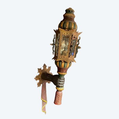 Ancienne grande Lanterne Vénitienne En Tole Peinte (95cm) , Fin XIX ème