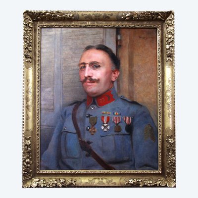 Peinture à l'huile sur toile datée de 1921, portrait militaire par Paul Leroy