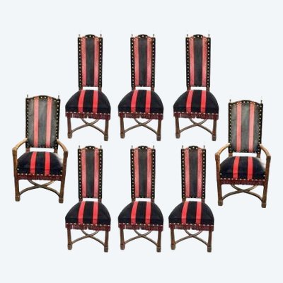 Suite De 8 Sièges Brutalistes En Chêne Circa 1950,  2 Fauteuils Et 6 Chaises