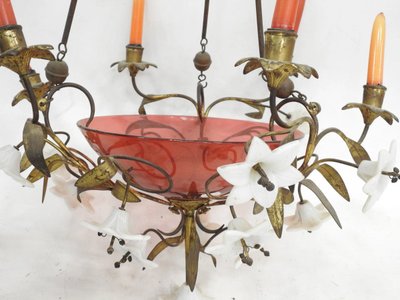 Charming Bronze XIXèm Chandelier, Tinted Glass, with 6 Light Arms,