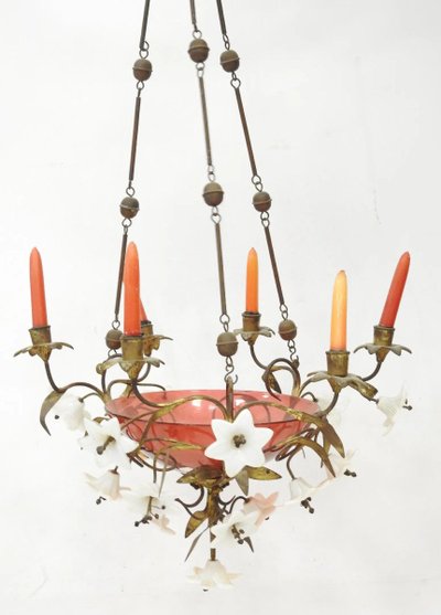 Charming Bronze XIXèm Chandelier, Tinted Glass, with 6 Light Arms,