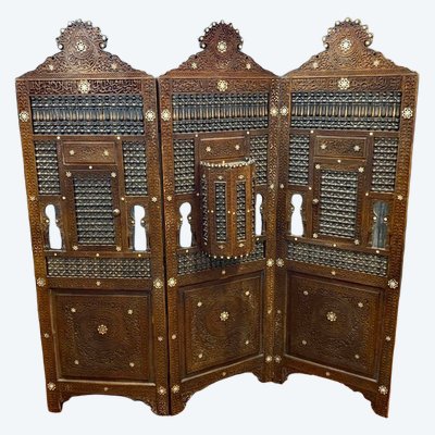 Ancien Paravent Moucharabieh , Travail Oriental Du XIXème  Bois Sculpté, Incrustations d'Os