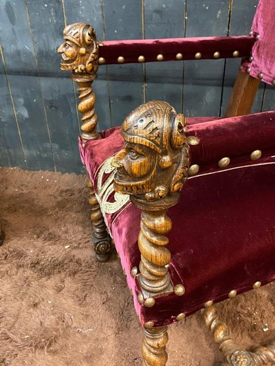 Amusing Louis XIII Style Armchairs, Circa 1900/1930, New Fabric