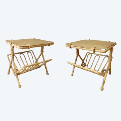 Audoux Minet: A Very Rare Pair of Side Tables, Covered in Rope, Circa 1950
