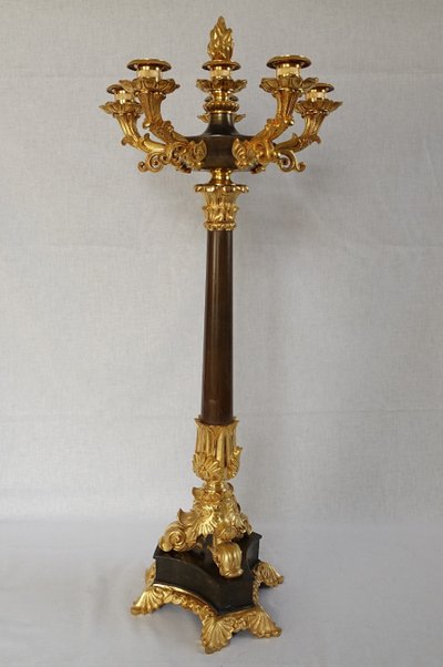 Pair of 6-light gilt bronze and patinated candelabra, Restoration - Empire style - 1830