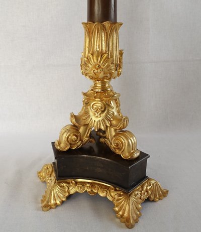 Pair of 6-light gilt bronze and patinated candelabra, Restoration - Empire style - 1830