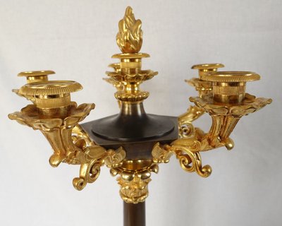 Pair of 6-light gilt bronze and patinated candelabra, Restoration - Empire style - 1830