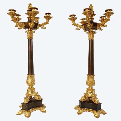Pair of 6-light gilt bronze and patinated candelabra, Restoration - Empire style - 1830