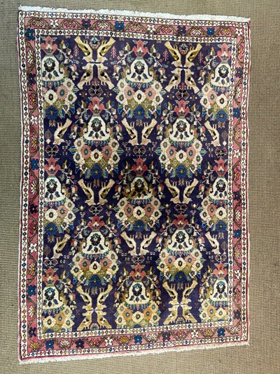 Tapis d'Orient ancien de tribu nomade Qashqai Bakhtiari 1950-1980 oiseaux fond violet