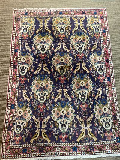 Tapis d'Orient ancien de tribu nomade Qashqai Bakhtiari 1950-1980 oiseaux fond violet