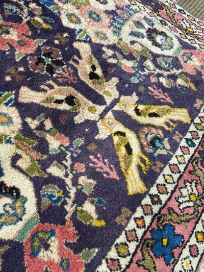 Tapis d'Orient ancien de tribu nomade Qashqai Bakhtiari 1950-1980 oiseaux fond violet