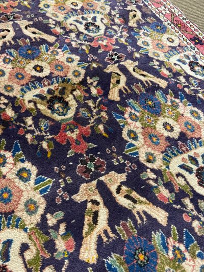 Tapis d'Orient ancien de tribu nomade Qashqai Bakhtiari 1950-1980 oiseaux fond violet
