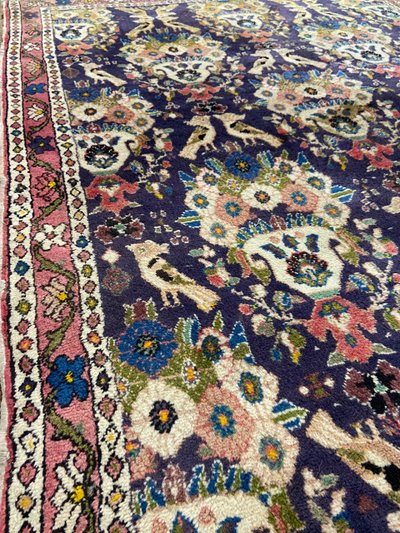 Tapis d'Orient ancien de tribu nomade Qashqai Bakhtiari 1950-1980 oiseaux fond violet