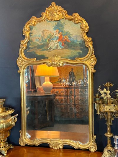 Miroir de cheminée trumeau bois doré tableau scène galante style Louis XV