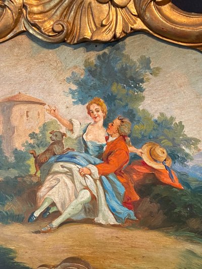Miroir de cheminée trumeau bois doré tableau scène galante style Louis XV