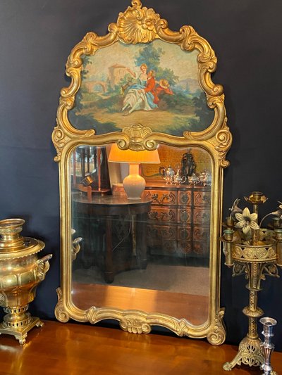 Miroir de cheminée trumeau bois doré tableau scène galante style Louis XV