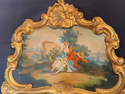 Miroir de cheminée trumeau bois doré tableau scène galante style Louis XV