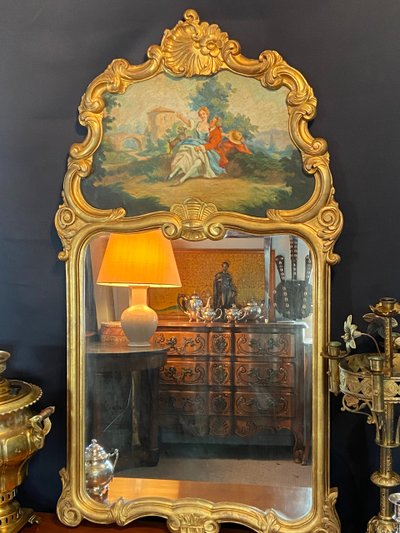 Miroir de cheminée trumeau bois doré tableau scène galante style Louis XV