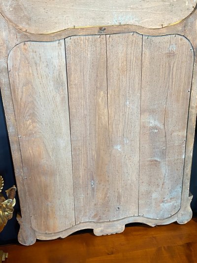 Miroir de cheminée trumeau bois doré tableau scène galante style Louis XV