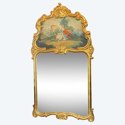 Miroir de cheminée trumeau bois doré tableau scène galante style Louis XV