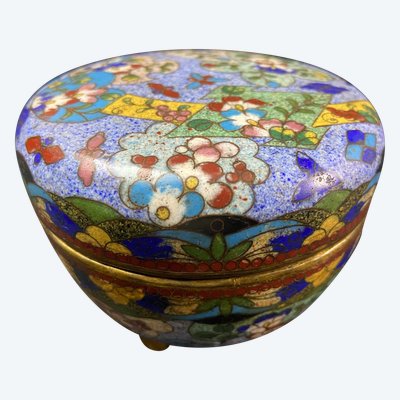 Cloisonné enamel box with polychrome decoration on a blue background Meiji Japan late 19th century