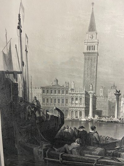 Grande gravure XIXe 1834 représentant une vue animée du Grand Canal à Venise