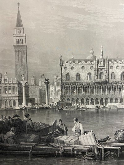 Grande gravure XIXe 1834 représentant une vue animée du Grand Canal à Venise