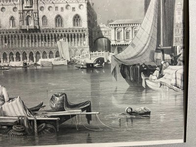 Grande gravure XIXe 1834 représentant une vue animée du Grand Canal à Venise