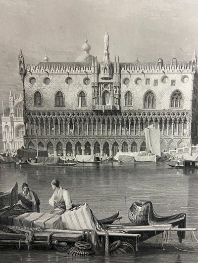 Grande gravure XIXe 1834 représentant une vue animée du Grand Canal à Venise