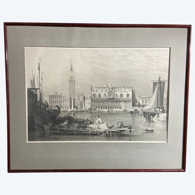 Grande gravure XIXe 1834 représentant une vue animée du Grand Canal à Venise