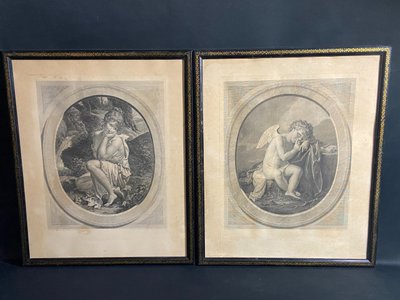 Gravure XIXe à l'angelot ange titrée Garde à vous Angelica Kauffmann / Porporati
