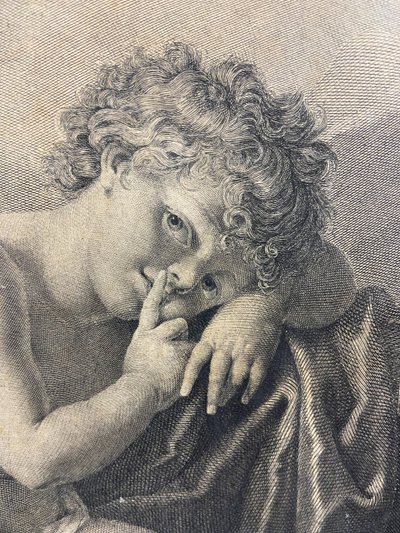Gravure XIXe à l'angelot ange titrée Garde à vous Angelica Kauffmann / Porporati