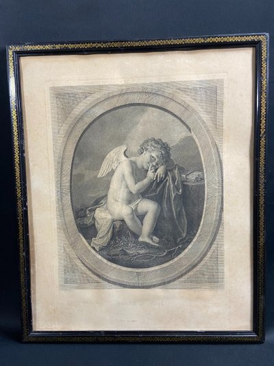 Gravure XIXe à l'angelot ange titrée Garde à vous Angelica Kauffmann / Porporati