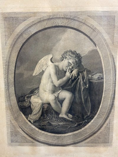 Gravure XIXe à l'angelot ange titrée Garde à vous Angelica Kauffmann / Porporati